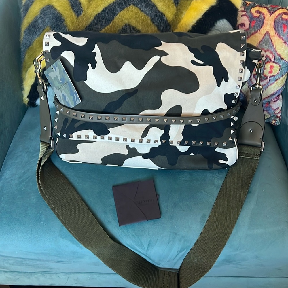 Valentino Garavani- Men’s Rockstud Messenger Bag; Camo Canvas; Large: Army White